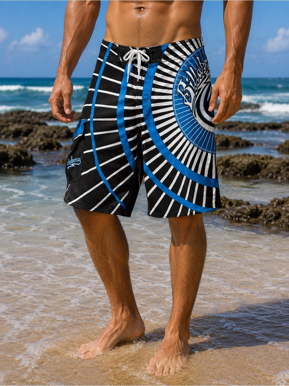 Billabong Andy Irons Rising Sun Board Shorts Sz 28 Black Blue Surf